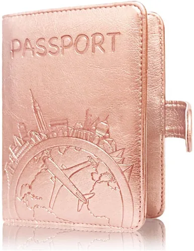 Vista 2 de Talent - Funda para pasaporte, de piel sintética, con bloqueo RFID, para pasaporte, cartera de viaje, Oro rosa, mapa, Cartera RFID