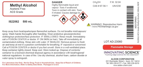 Vista 2 de ALDON Innovating Science Alcohol Metílico Grado ACS, 500mL (16.9 fl oz) - Alcohol Metanol - La Colección Química Curada - Hecho en EE.UU