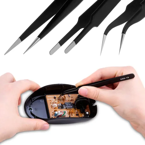 Vista 4 de Juego de pinzas de precisión, Easy Life 10 piezas ESD, juego de pinzas antiestáticas de acero inoxidable antimagnéticas, con bolsa de almacenamiento