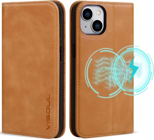 Vista 17 de VISOUL Funda de cuero para iPhone 15 Pro Max, funda tipo cartera de piel auténtica con ranuras para tarjetas, función atril, a prueba de golpes