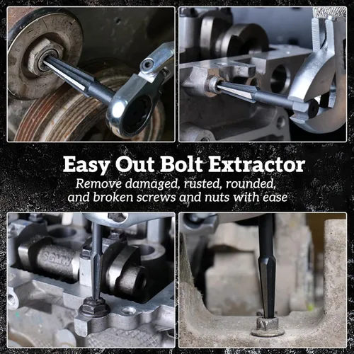 Vista 6 de Kit extractor de pernos, 10 piezas de extractor de tornillos y juego de brocas para mano izquierda, brocas de acero HSS M2, broca inversa