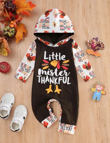 Vista 2 de Conjunto de ropa de Acción de Gracias para bebé niño, mi primer día de Thurkey con capucha para bebé niño, conjunto de ropa de Acción de Gracias