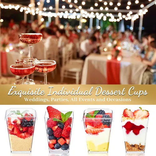 Vista 4 de TOFLEN Paquete de 50 unidades de tazas de postre de plástico de 5 oz con tapas para fiesta, mini tazas de postre con cucharas, tazas de postre