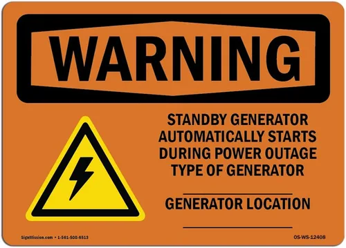Señal de advertencia OSHA – Generador de espera automáticamente con símbolo | Calcomanía | Protege tu negocio, lugar de trabajo, almacén y área de
