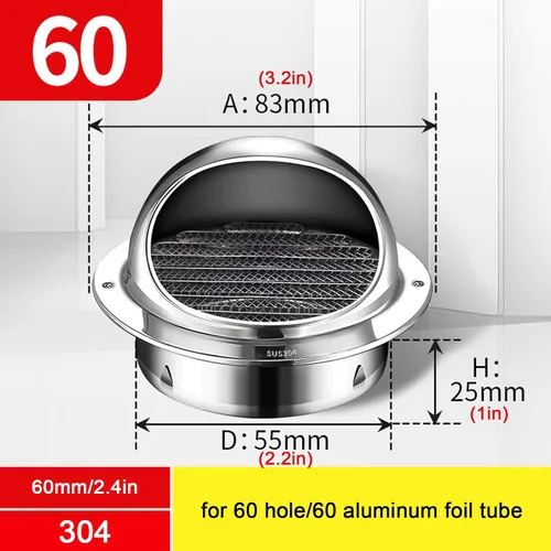 Vista 5 de Tapa de lluvia para chimenea de tubo de escape, tapa redonda de ventilación de aire, cubierta de chimenea de acero inoxidable 304, resistente a