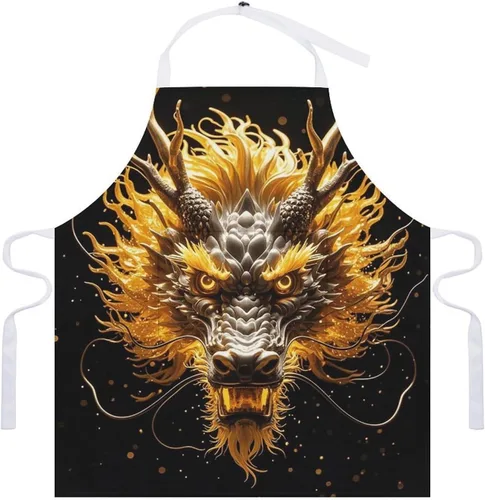 Vista 7 de MUSM Apron for Adults - 27.6 X 31.5 Inch, Heavy-Duty Polyester Aprons with Two Large Pockets, Waterproof Golden Dragon Head Kitchen Apron for
