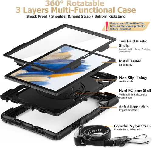 Vista 8 de SEYMAC stock Funda para Samsung Galaxy Tab A8 de 10.5 pulgadas, funda de protección contra caídas de cuerpo completo con protector de pantalla