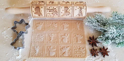Vista 2 de Rodillo de amasar con relieve de ángeles navideños FELIZ NAVIDAD para decorar galletas de jengibre navideñas