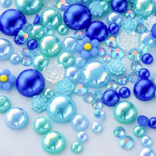 Vista 60 de 60g de perlas planas doradas con parte trasera de diamantes de imitación para manualidades, tamaño mixto de 3mm-10mm, color AB, redondas, cuentas