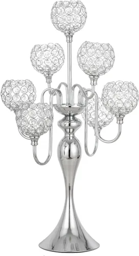 Vista 11 de Centros de mesa de candelabro para mesa, portavelas para centros de mesa, portavelas de cristal alto de 7 brazos, centro de mesa dorado para mesa