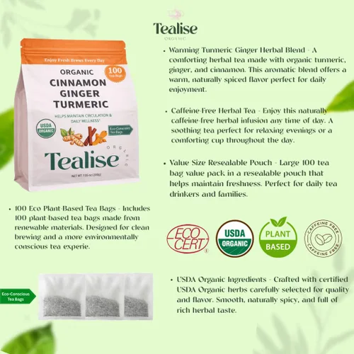 Vista 5 de Bolsas de té de hierbas orgánicas de cúrcuma, jengibre y canela, té de hierbas de cúrcuma y jengibre, té de hierbas sin cafeína, 100 bolsas de té a