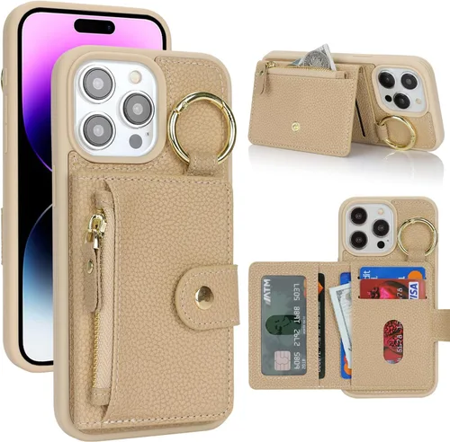 Vista 13 de Funda para iPhone 14 Plus con tarjetero, color negro Funda con cremallera y ranura para mujer y hombre