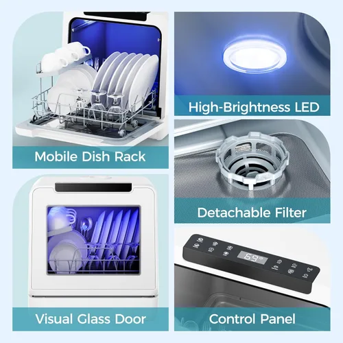 Vista 7 de EUHOMY - Lavaplatos de encimera portátil con 8 programas, tanque de agua incorporado de 5 litros, alta temperatura de 167℉, sin necesidad