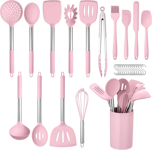 Vista 10 de HaWare Juego de 29 utensilios de cocina de silicona, resistentes al calor, con mango de acero inoxidable, juegos de espátula con soporte y ganchos