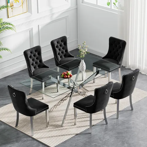 Vista 27 de Juego de 4 mesas de comedor modernas de 36 pulgadas, mesa de comedor redonda de vidrio templado y 4 sillas de comedor de terciopelo beige, mesa