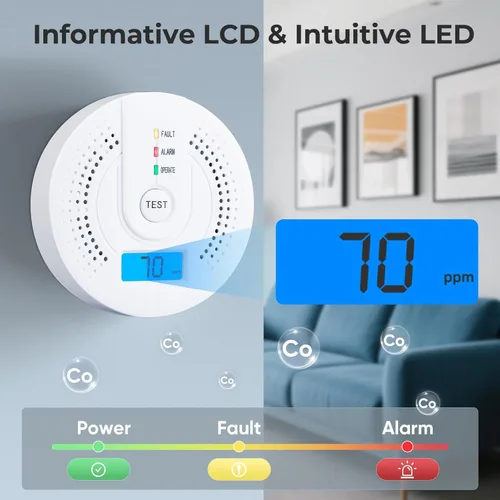 Vista 3 de Detectores de monóxido de carbono, detector de CO operado con batería con sensor sensible, pantalla digital y advertencia de sonido, detector