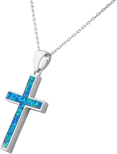 Vista 2 de Plata de ley 925Religiosa Cruz Azul turquoise-tone imitación Opal Colgante Collar