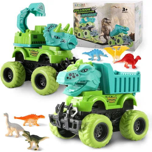 Juguetes de Camiones Monstruo de Dinosaurio para Niños de 3, 4, 5 Años, Pack de 2 con 6 Mini Figuras de Dinosaurio, Camiones Monstruo para Niños de