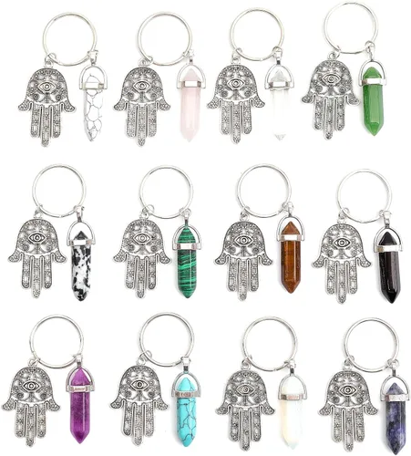 GLOBLELAND 12Pcs Gemstone Glass Pendant Hamsa Hand Evil Eye Keychain Keychain Hanging Ornament with Hamsa Hand Eye Amulet and Lucky for Women Bling