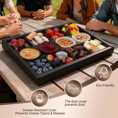 Vista 7 de Bandeja desechable de 8 compartimentos con tapas, 10 unidades de bandeja de cartón dividida negra con soporte para salsa de tomate para 4-8 personas