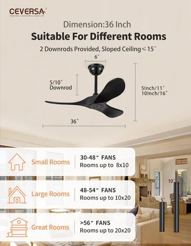 Vista 3 de Ventilador de techo negro de 36 pulgadas sin luces, pequeños ventiladores de techo de madera sin luces con control remoto, 3 aspas, hélice