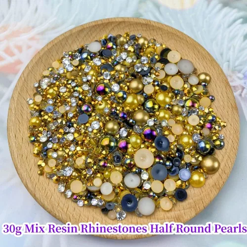 Vista 2 de Cuentas de resina mixta con diamantes de imitación y perlas semirredondas, 30 g, diamantes de imitación de parte trasera con perlas medias