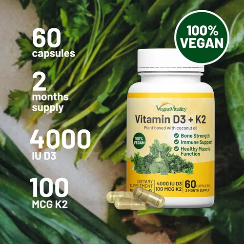 Vista 4 de Vegan Vitality Vitamina D3 K2 4000IU (100 mcg) con aceite de coco, 100% vitamina D vegana a base de plantas para veganos y vegetarianos - 60 cápsulas