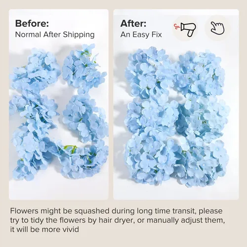 Vista 8 de Auihiay 46 piezas de flores artificiales de hortensia de seda con tallo, flores artificiales azules de hortensia para centro de mesa de boda DIY