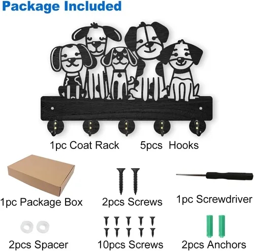 Vista 3 de MAYJOYDIY Gancho de pared para perro de 11.8 x 7.9 pulgadas de madera, lindo animal para mascotas, decoración artística de pared, 5 ganchos