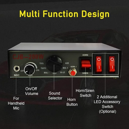 Vista 3 de Sirena de policía para auto, sistema de altavoces Safego, DC12V 200W 9 tonos, altavoz con micrófono de mano cableado, sirena electrónica