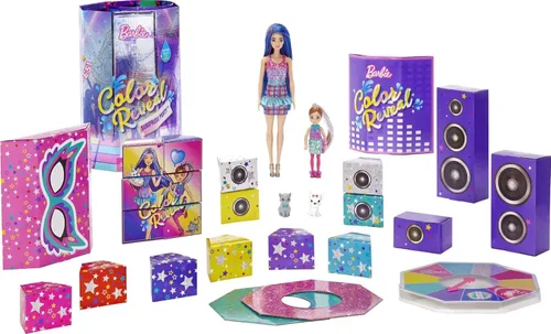 Barbie ¡Fiesta sorpresa de revelación de color! Set con más de 50 sorpresas: 1 muñeca, 1 muñeca Chelsea, 2 mascotas, 6 activaciones de cambio de
