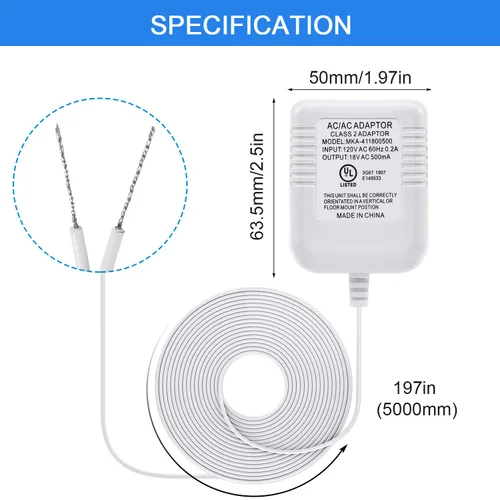 Vista 3 de Hotop Adaptador de corriente compatible con timbre Nest Hello Video, Arlo y Eufy, transformador de 18 voltios 500 mA certificado UL con cable