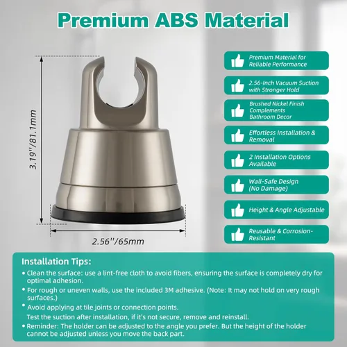 Vista 2 de Hibbent Soporte de cabezal de ducha con ventosa al vacío, soporte de cabezal de ducha extraíble, soporte de pared ajustable en altura ajustable
