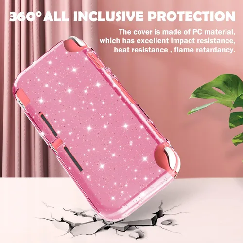Vista 3 de DLseego Funda protectora con purpurina rosa para Switch Lite, cubierta de TPU suave de cristal transparente con absorción de golpes y diseño