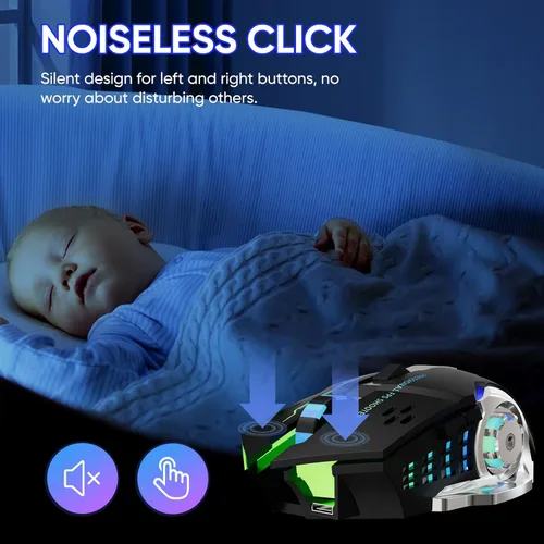 Vista 5 de Ratón inalámbrico para juegos Bluetooth RGB recargable 2.4G USB inalámbrico con retroiluminación de 7 colores, 6 botones y clic silencioso