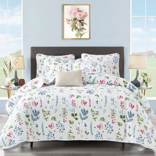 UOZZI BEDDING - Juego de edredón reversible de 3 piezas tamaño Queen, con hojas verde azuladas y flores rojas en blanco, microfibra suave y ligera,