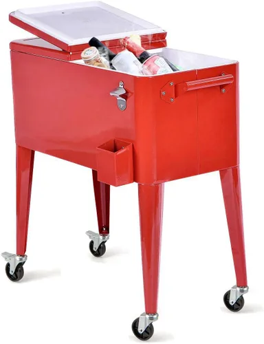 HAPPYGRILL 80 Quart Rolling Cooler Cart with Lockable Wheels, Outdoor Beer Beverage Cooling Ice Chest with Bottle Opener & Cap Catcher, for Party