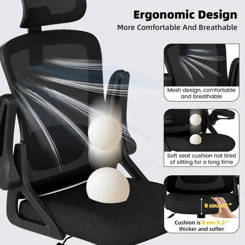 Vista 6 de Silla de Oficina Ergonómica, Silla de Escritorio con Soporte Lumbar Ajustable, Sillas de Computadora Cómodas de Malla Transpirable con Reposabrazos