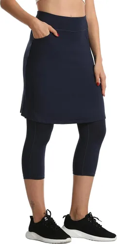 HOKOYI Falda modesta con leggings adjuntos para mujer, entrenamiento hasta la rodilla, pantalones capri con 2 bolsillos