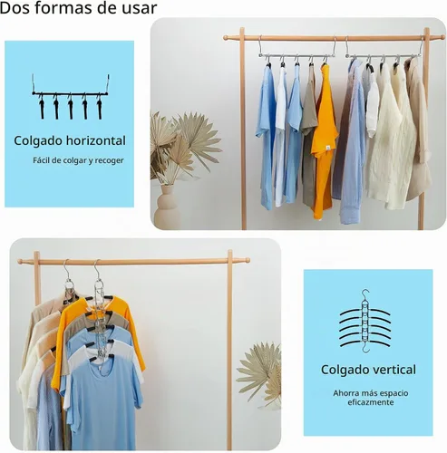 Vista 2 de Nature Smile Paquete de 2 perchas antideslizantes 5 en 1, perchas de metal mágicas que ahorran espacio, perchero de ropa de armario de varias capas