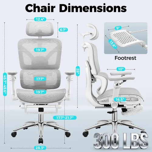 Vista 2 de Ergonomic Mesh Office Chair with Footrest, Big and Tall Home Desk Chair with 5D Flip-Up Arms, Adjustable Lumbar Support, Gaming & Executive Computer