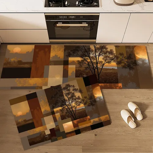 Vista 4 de Kitchen Mats for Floor 2 Piece Set Retro Sunset Forest Non Slip Kitchen Rugs Washable Abstract Geometry Floor Mats Rust Brown Area Rug Runner for