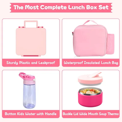 Vista 7 de Caja de almuerzo Bento para niños con termo para sopa de 8oz, botella de agua, contenedores de comida para almuerzo a prueba de fugas para niños
