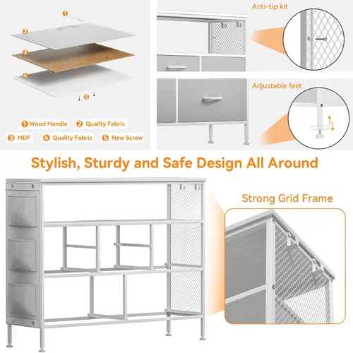 Vista 6 de Cómoda para dormitorio, soporte de TV con tomas de corriente y luz LED, cómoda de 6 cajones con bolsillos laterales y ganchos, cómoda ancha