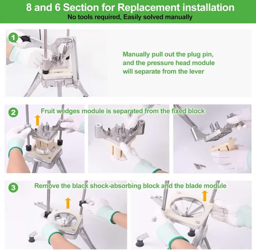 Vista 5 de Cortador de limón comercial con 6 cuñas/8 cuñas, cuchillas de acero inoxidable 420 en forma de V, hoja de cuña fácil, cortador de frutas y lima