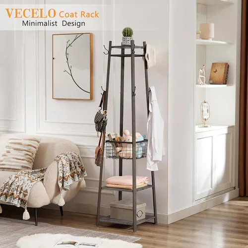 Vista 2 de VECELO Perchero independiente, árbol de pasillo con cesta de metal y estantes de almacenamiento, perchero industrial con 8 ganchos para colgar