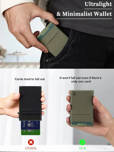 Vista 3 de Cartera delgada para hombres, cartera desplegable para tarjetas de crédito, de aluminio, minimalista, con bloqueo RFID, soporte para tarjeta