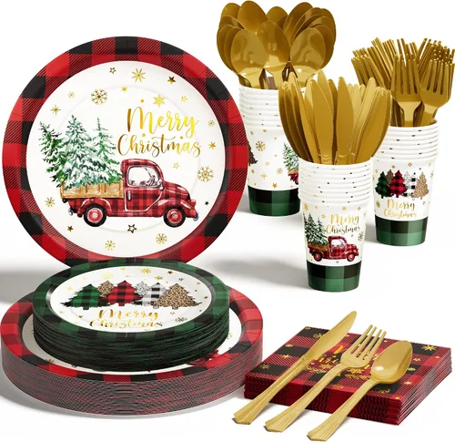 Suministros de decoración de fiesta de Navidad - 175 piezas de juego de vajilla desechable de Navidad (25 invitados) con camión a cuadros de búfalo,
