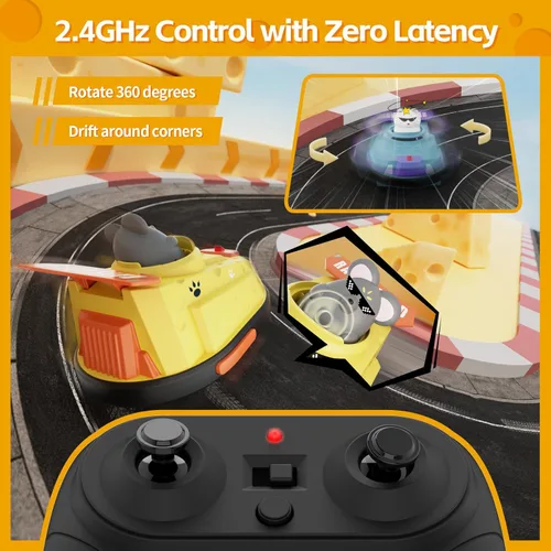 Vista 3 de Paquete de 2 autos de control remoto, auto de choque de expulsión RC para niños, auto parachoques de queso de guerra de gatos y ratas, juguetes