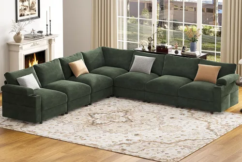 Vista 17 de Sofás seccionales para sala de estar, sofá modular de terciopelo certificado FSC, de gran tamaño, en forma de nube, sofá convertible en forma de U